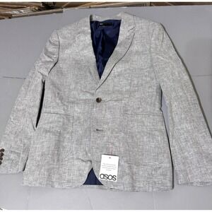 ASOS Blazer Mens 38 Cotton Linen Blend Light Gray Basketweave New Slim Fit